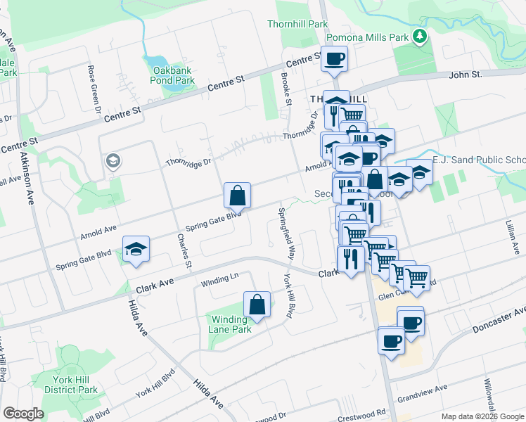 map of restaurants, bars, coffee shops, grocery stores, and more near 57 Spring Gate Boulevard in Vaughan