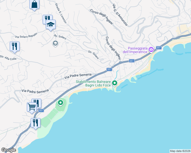 map of restaurants, bars, coffee shops, grocery stores, and more near 19 Corso Guglielmo Marconi in Sanremo