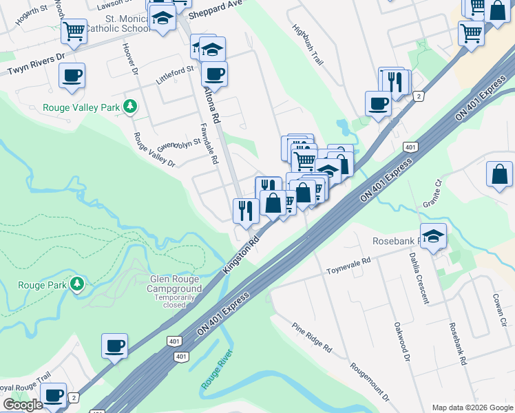 map of restaurants, bars, coffee shops, grocery stores, and more near 1345 Altona Road in Pickering