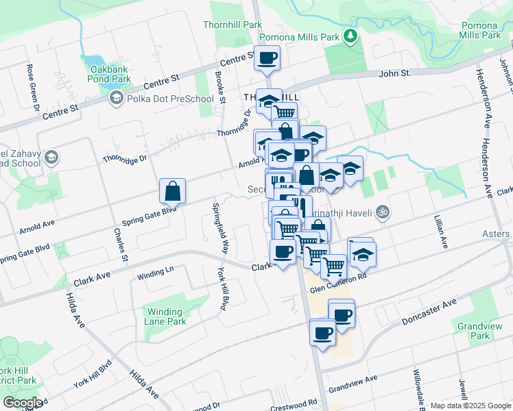 map of restaurants, bars, coffee shops, grocery stores, and more near 18 Clark Avenue West in Vaughan