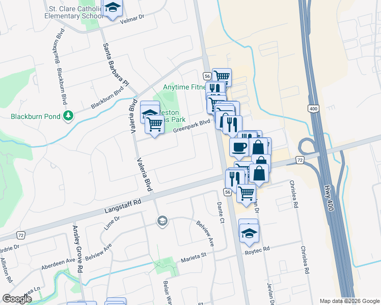 map of restaurants, bars, coffee shops, grocery stores, and more near 130 Fifth Avenue in Vaughan