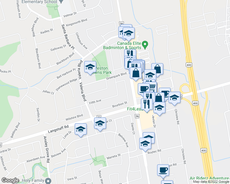 map of restaurants, bars, coffee shops, grocery stores, and more near 130 Fifth Avenue in Vaughan