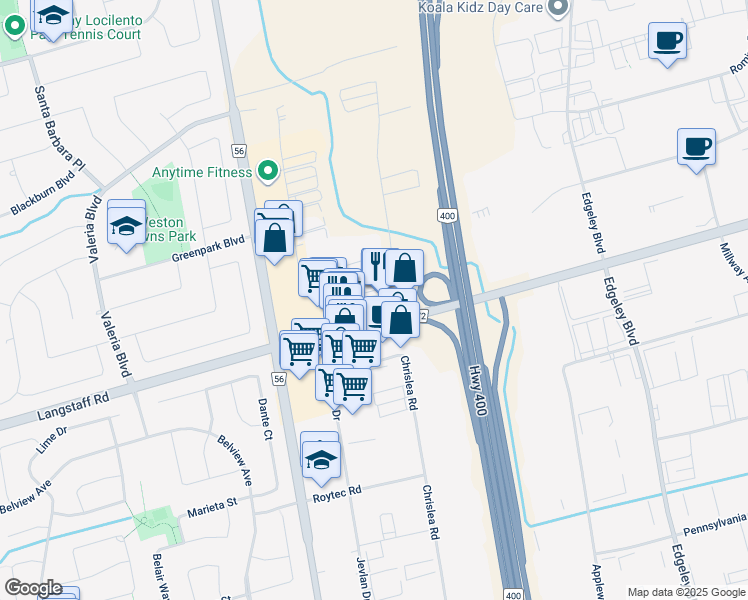 map of restaurants, bars, coffee shops, grocery stores, and more near 6600 Terecar Drive in Vaughan