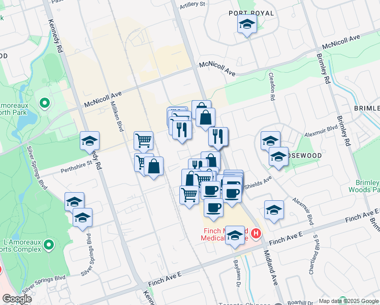 map of restaurants, bars, coffee shops, grocery stores, and more near 330 Silver Star Boulevard in Toronto