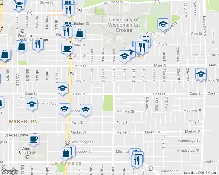 map of restaurants, bars, coffee shops, grocery stores, and more near 222 16th Street South in La Crosse