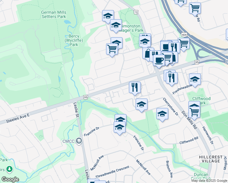 map of restaurants, bars, coffee shops, grocery stores, and more near 42 Water Wheel Way in Toronto