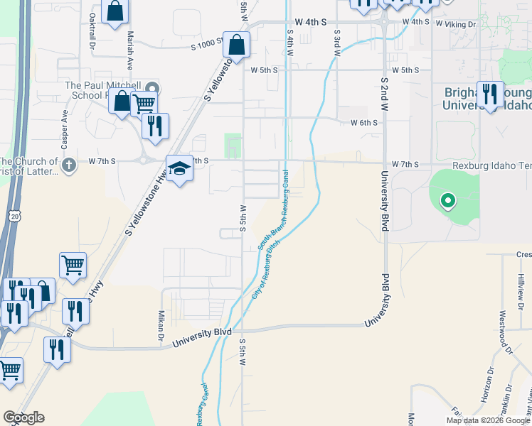map of restaurants, bars, coffee shops, grocery stores, and more near 829 South 5th West in Rexburg