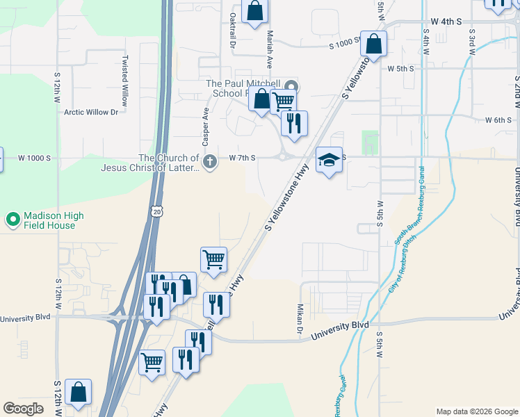 map of restaurants, bars, coffee shops, grocery stores, and more near 1174 South Yellowstone Highway in Rexburg