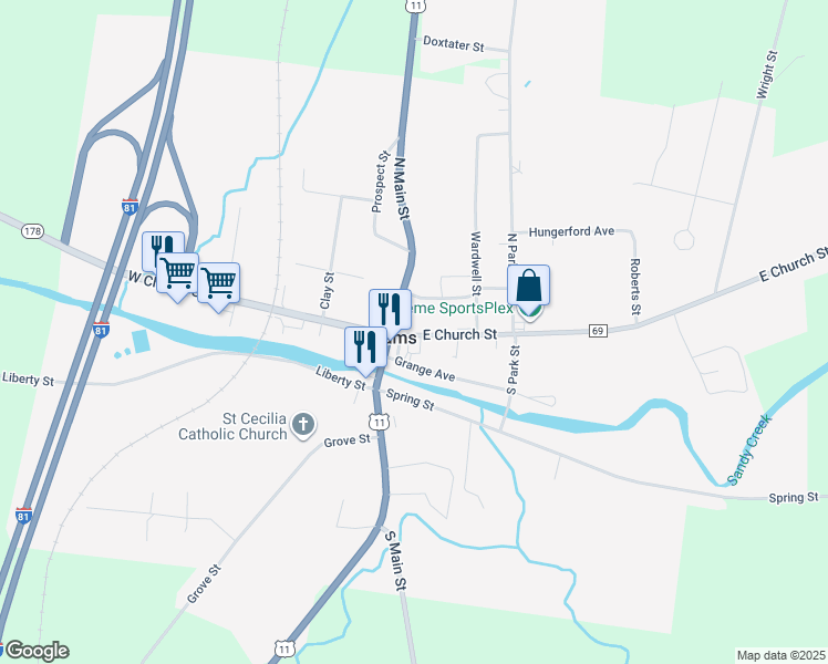 map of restaurants, bars, coffee shops, grocery stores, and more near 11 East Church Street in Adams