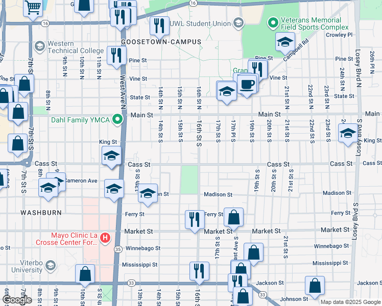map of restaurants, bars, coffee shops, grocery stores, and more near 222 16th Street South in La Crosse