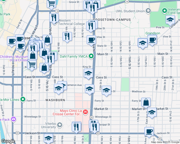 map of restaurants, bars, coffee shops, grocery stores, and more near 1213 Cass Street in La Crosse