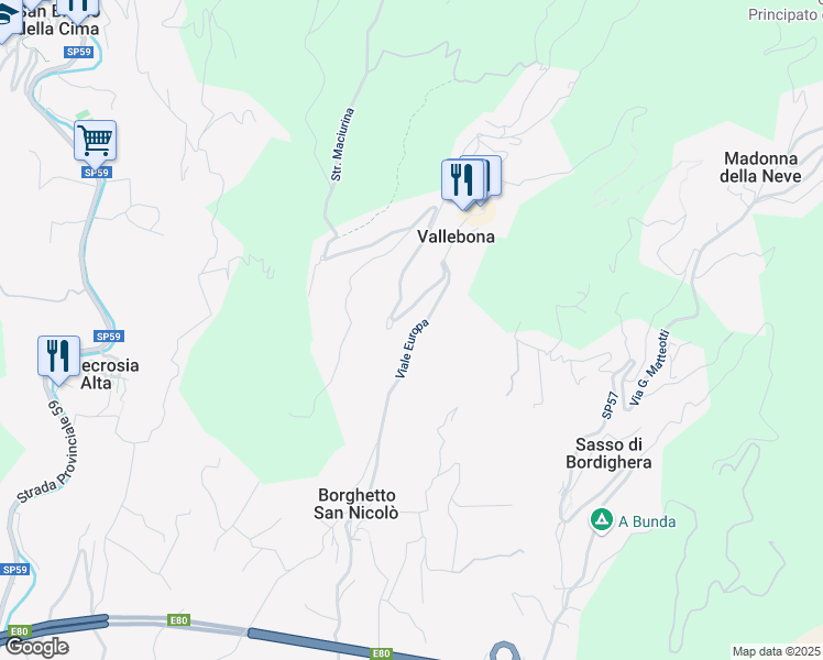 map of restaurants, bars, coffee shops, grocery stores, and more near 31 Viale Europa in Vallebona