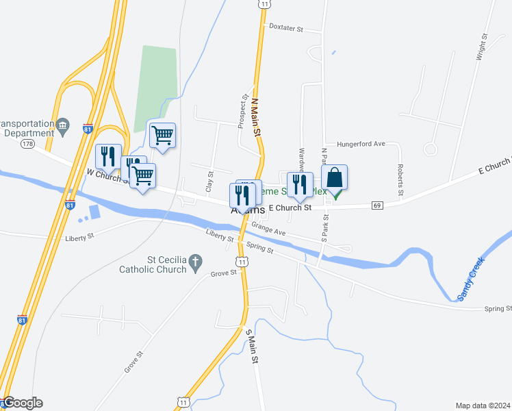 map of restaurants, bars, coffee shops, grocery stores, and more near 6 East Church Street in Adams