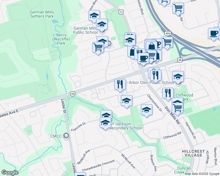 map of restaurants, bars, coffee shops, grocery stores, and more near 43 Purple Sageway in Toronto