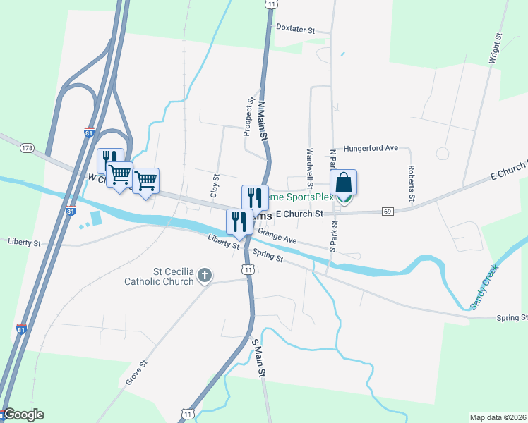 map of restaurants, bars, coffee shops, grocery stores, and more near 11 East Church Street in Adams
