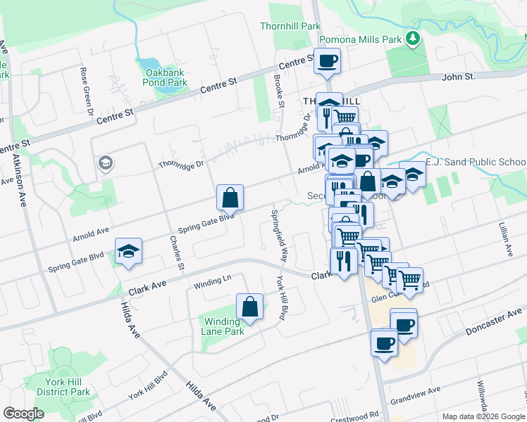map of restaurants, bars, coffee shops, grocery stores, and more near 57 Spring Gate Boulevard in Vaughan