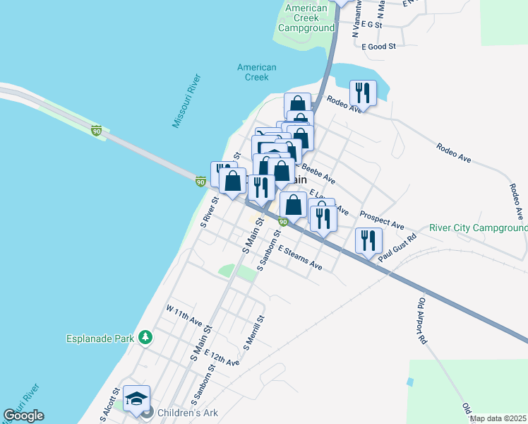 map of restaurants, bars, coffee shops, grocery stores, and more near 200 South Main Street in Chamberlain