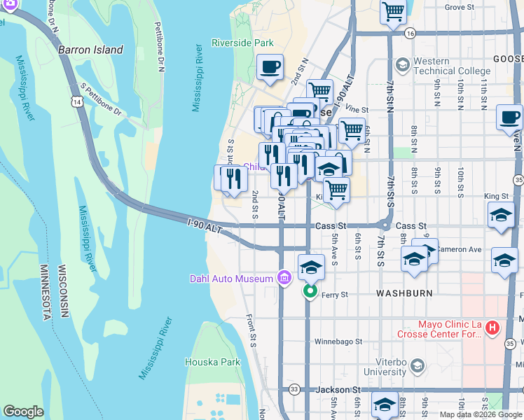 map of restaurants, bars, coffee shops, grocery stores, and more near 434 3rd Street South in La Crosse