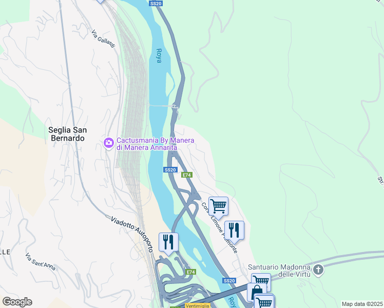 map of restaurants, bars, coffee shops, grocery stores, and more near 34 Via Vicari in Ventimiglia