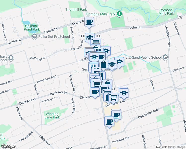 map of restaurants, bars, coffee shops, grocery stores, and more near 7398 Yonge Street in Regional Municipality of York