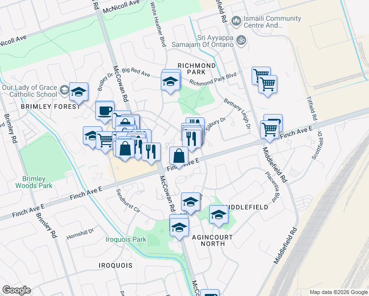map of restaurants, bars, coffee shops, grocery stores, and more near 1051 Sandhurst Circle in Toronto