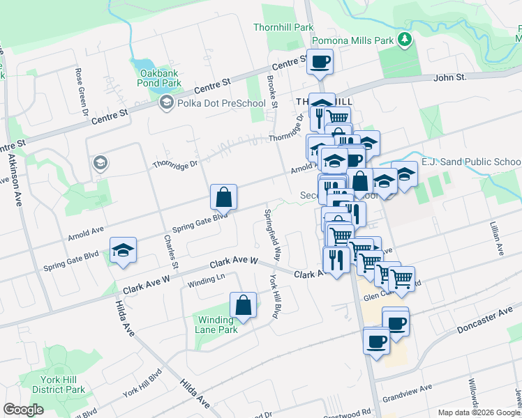 map of restaurants, bars, coffee shops, grocery stores, and more near 37 Spring Gate Boulevard in Vaughan