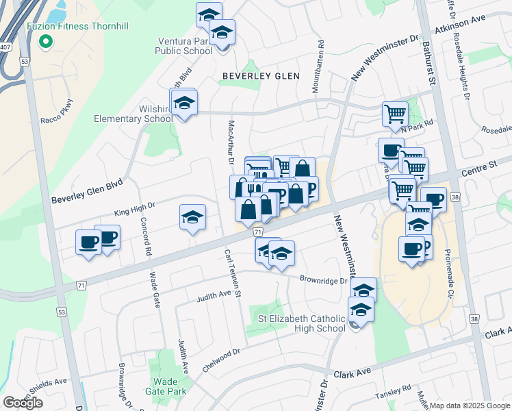 map of restaurants, bars, coffee shops, grocery stores, and more near 1136 Centre Street in Vaughan