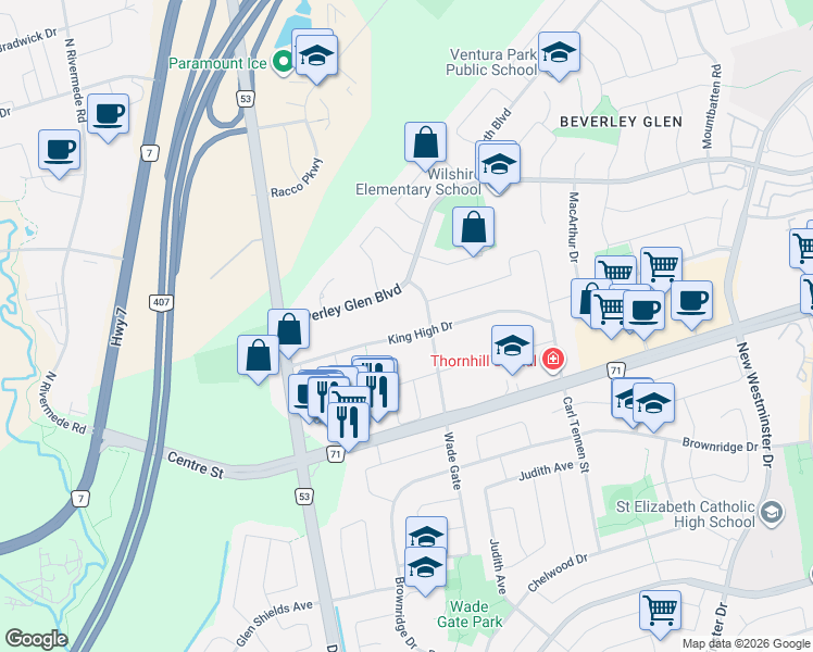 map of restaurants, bars, coffee shops, grocery stores, and more near 160 King High Drive in Vaughan