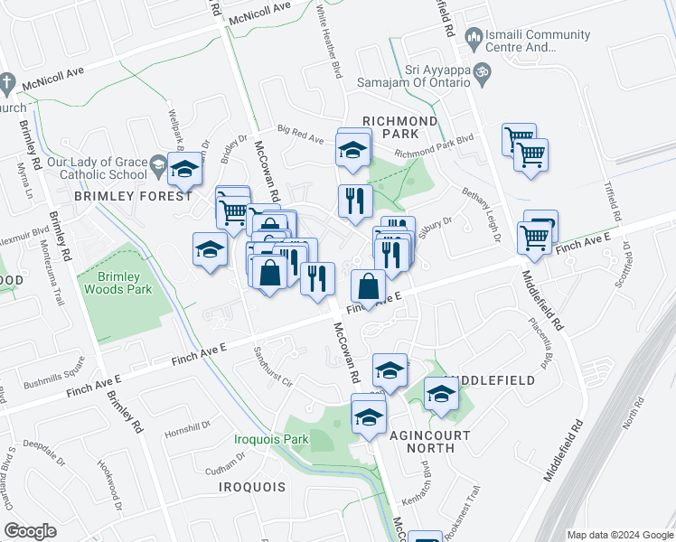 map of restaurants, bars, coffee shops, grocery stores, and more near in Toronto