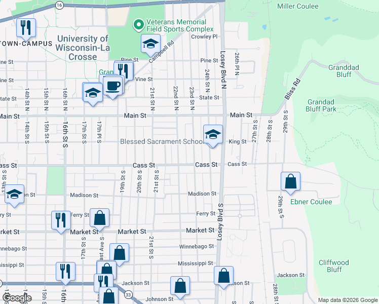 map of restaurants, bars, coffee shops, grocery stores, and more near 2211 Cass Street in La Crosse