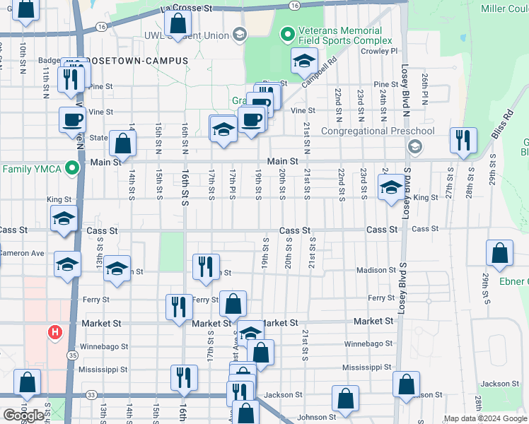 map of restaurants, bars, coffee shops, grocery stores, and more near 1815 Cass Street in La Crosse