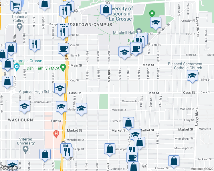 map of restaurants, bars, coffee shops, grocery stores, and more near 222 16th Street South in La Crosse