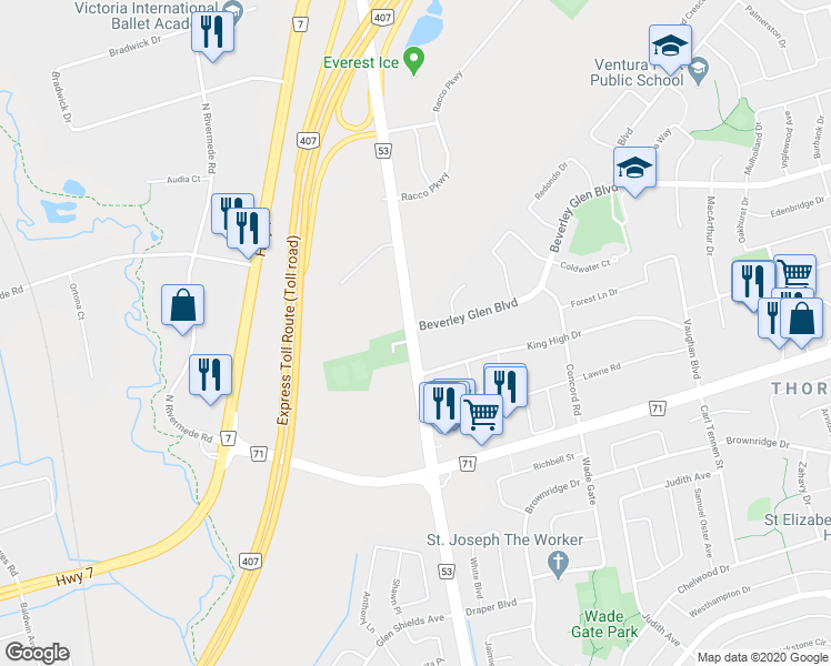 map of restaurants, bars, coffee shops, grocery stores, and more near 7891 Dufferin Street in Vaughan