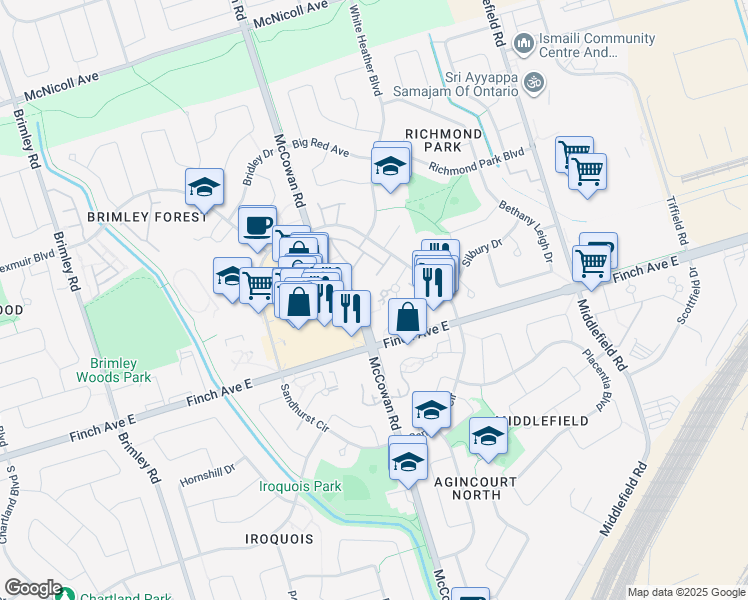 map of restaurants, bars, coffee shops, grocery stores, and more near 30 Thunder Grove in Toronto