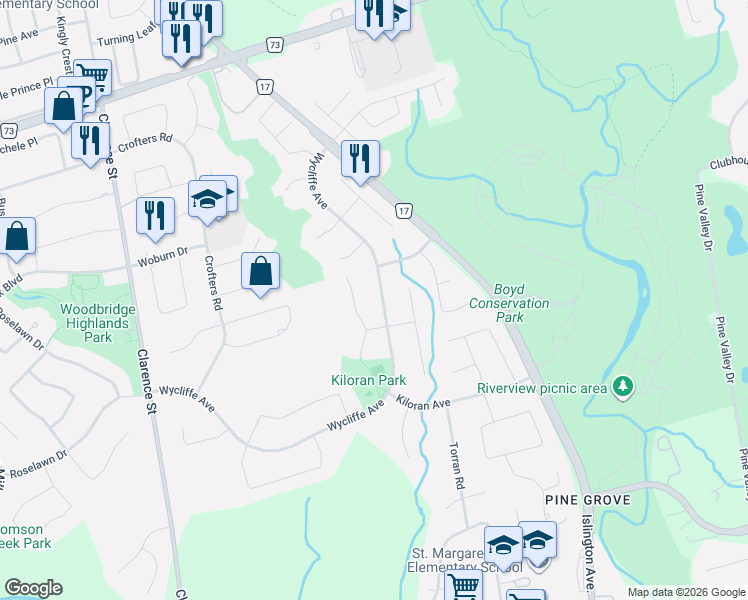 map of restaurants, bars, coffee shops, grocery stores, and more near 426 Wycliffe Avenue in Vaughan