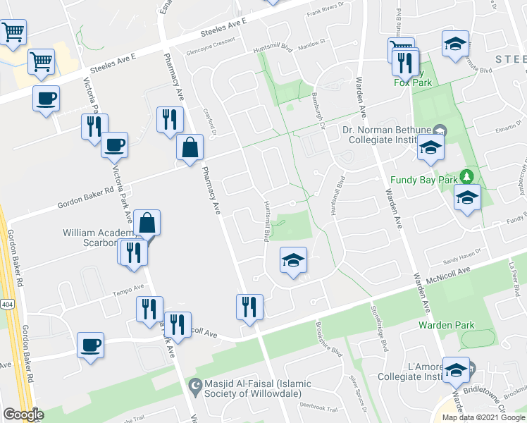 map of restaurants, bars, coffee shops, grocery stores, and more near 216 Huntsmill Boulevard in Toronto