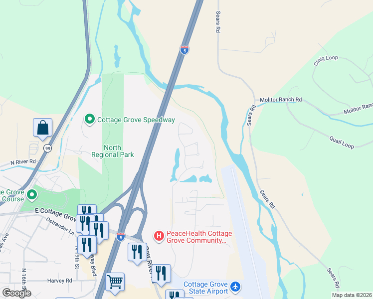 map of restaurants, bars, coffee shops, grocery stores, and more near 114 Village Drive in Cottage Grove