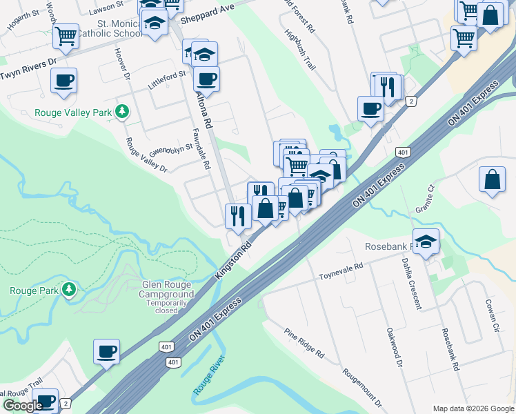 map of restaurants, bars, coffee shops, grocery stores, and more near 1345 Altona Road in Pickering