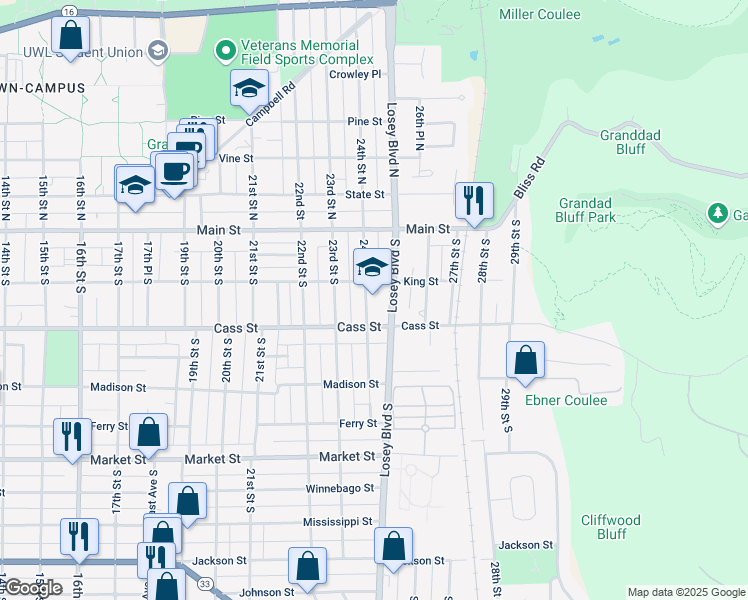 map of restaurants, bars, coffee shops, grocery stores, and more near 2404 King Street in La Crosse