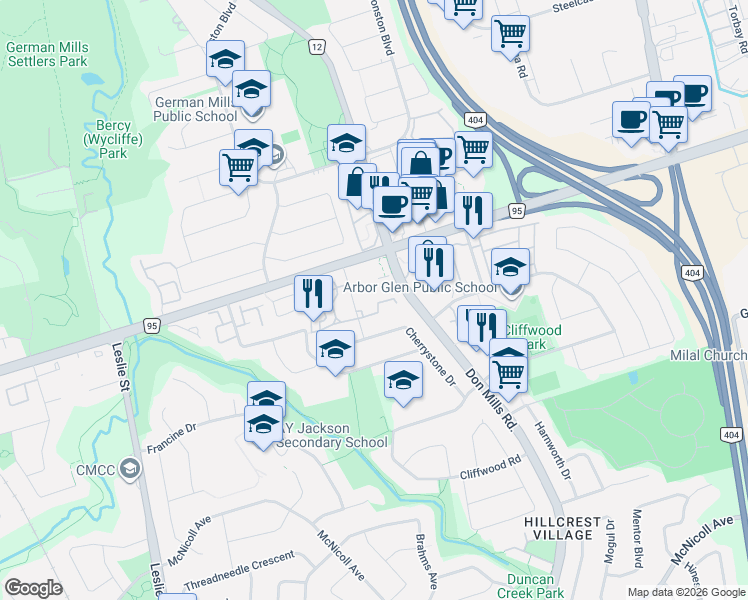 map of restaurants, bars, coffee shops, grocery stores, and more near 38 Thimble Berryway in Toronto