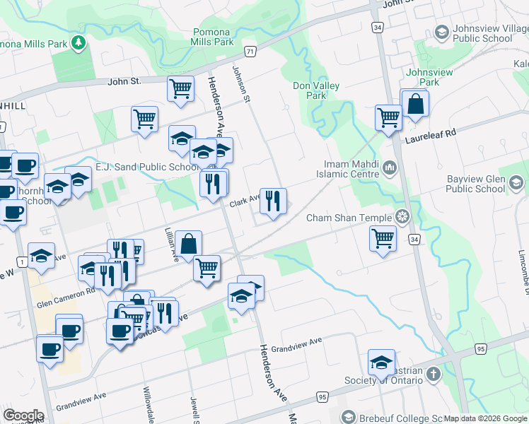 map of restaurants, bars, coffee shops, grocery stores, and more near 17 Newport Way in Markham