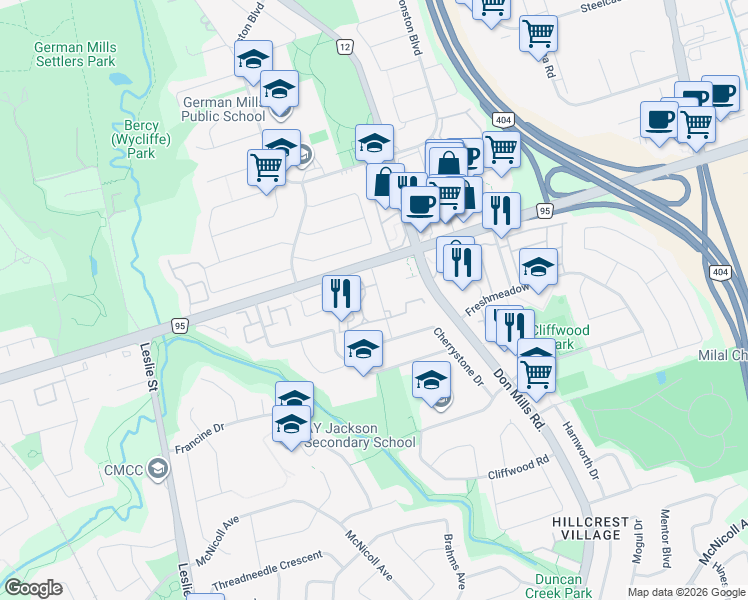 map of restaurants, bars, coffee shops, grocery stores, and more near in Toronto