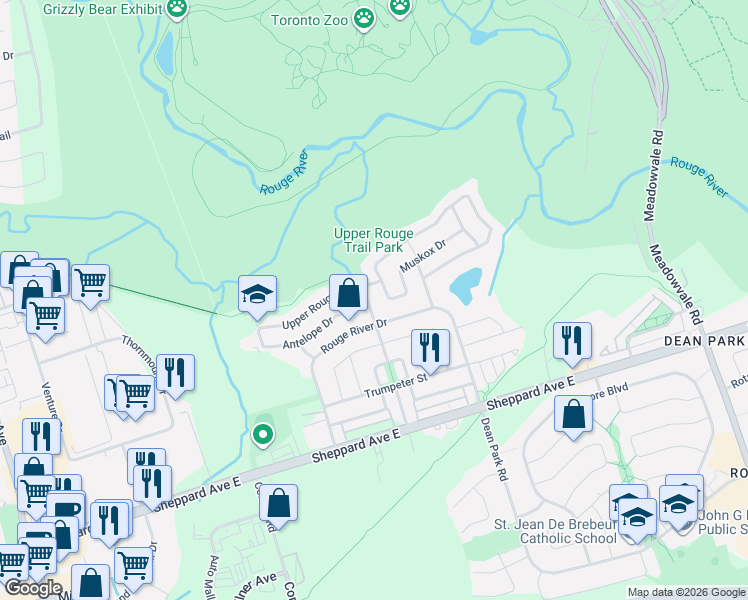 map of restaurants, bars, coffee shops, grocery stores, and more near 29 Bald Eagle Avenue in Toronto