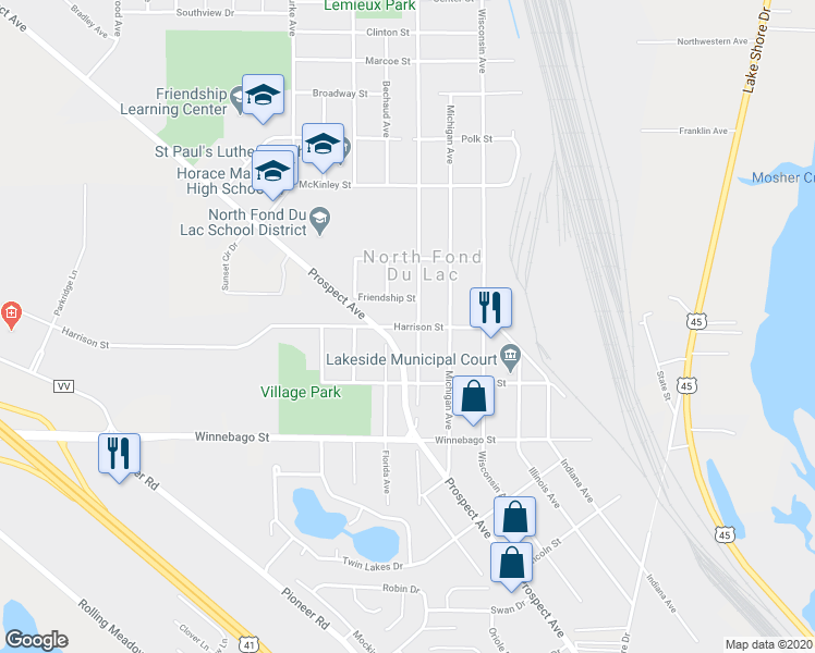 map of restaurants, bars, coffee shops, grocery stores, and more near 108 Harrison Street in Fond du Lac