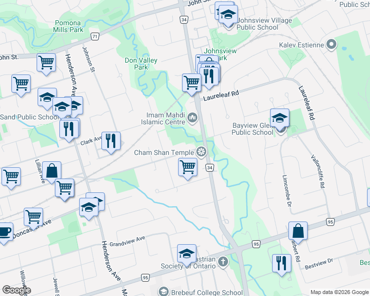 map of restaurants, bars, coffee shops, grocery stores, and more near 92 Proctor Avenue in Markham