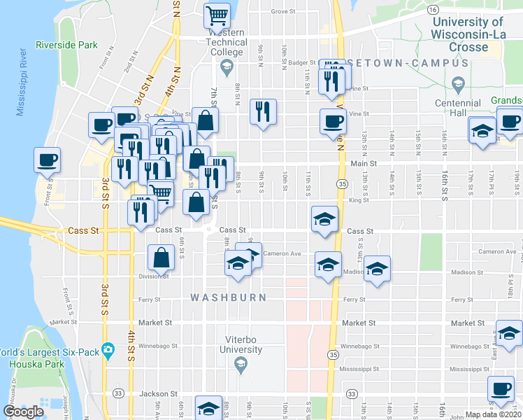 map of restaurants, bars, coffee shops, grocery stores, and more near 212 9th Street South in La Crosse