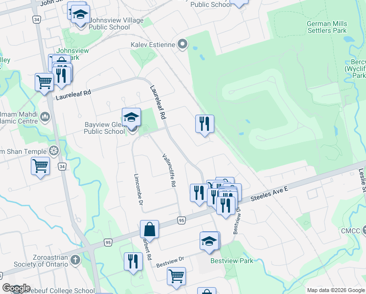 map of restaurants, bars, coffee shops, grocery stores, and more near 27 Laureleaf Road in Markham