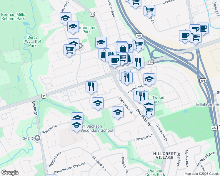 map of restaurants, bars, coffee shops, grocery stores, and more near 38 Thimble Berryway in Toronto