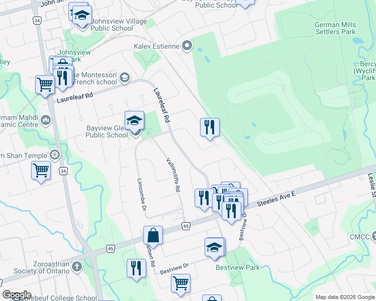 map of restaurants, bars, coffee shops, grocery stores, and more near 21 Laureleaf Road in Markham