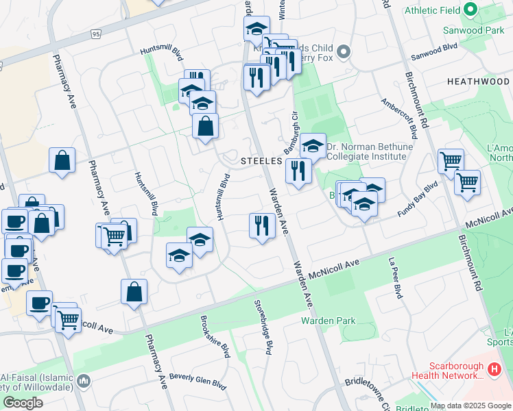map of restaurants, bars, coffee shops, grocery stores, and more near 36 Mossbrook Crescent in Toronto
